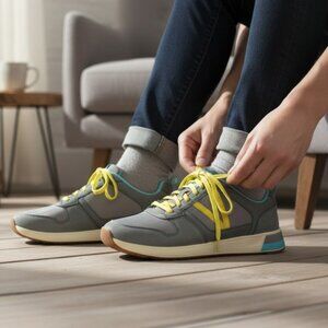 Vionic Curran Rechelle Leather Nylon Gray Blue Yellow Lace-up Sneaker, S…